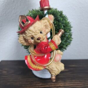 2 VTG Resin Christmas Ornament Adorable Teddy Bear Firefighter Uniform Hose 6 in